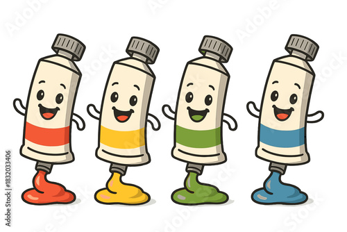 Happy paint tubes having fun in a colorful art scene