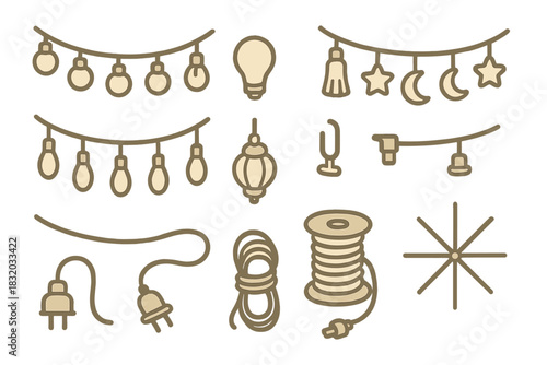 Decorative lighting elements including bulbs, cords, and shapes for festive events and home decor