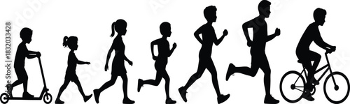 Human growth silhouette, childhood to adulthood, physical activity stages, scooter to bicycle, running figures, vector art, stock image