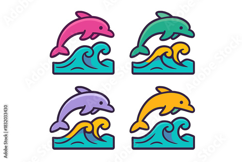 Colorful dolphins jumping over ocean waves in a playful design suitable for various projects and decorations