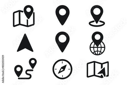 Different navigation icons representing location, direction, and mapping tools for travel and exploration