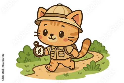 Explorer cat walks along a trail in a forest with a compass in hand