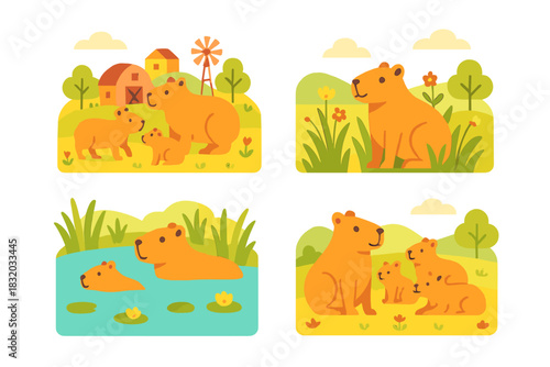 Cute animal illustrations show bears in different playful scenes on a sunny day in nature