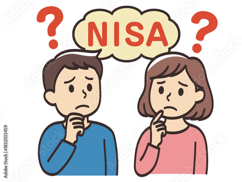 NISAを始めたいがよく分からなくて困り顔の若い男女のイラスト