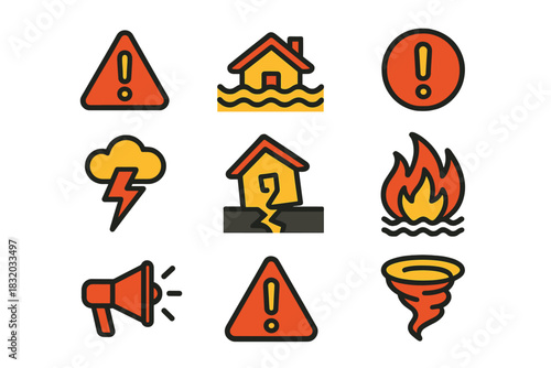 Warning symbols for natural disasters including floods, fires, and storms displayed in a visual grid