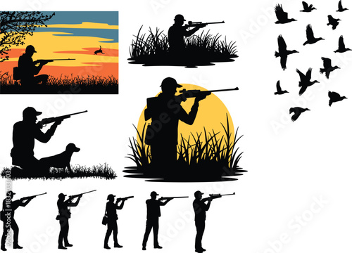 Hunting silhouette vector set, bird shooting illustration, rifle pose graphics, hunter and dog scene, sunset outdoor design