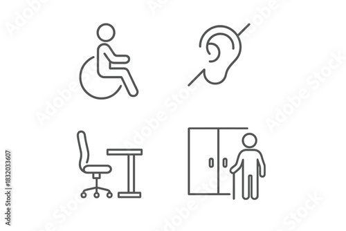Symbols representing accessibility features including a wheelchair, ear, desk, and door for individuals with disabilities in a clear format