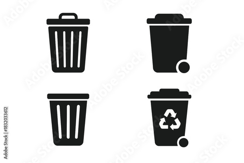 Various designs of trash bins highlighting waste management options in a minimalistic style