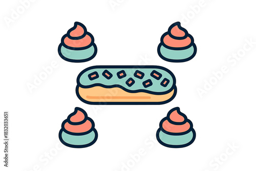 Delicious dessert with colorful frosting and toppings surrounded by creamy treats in a fun food design