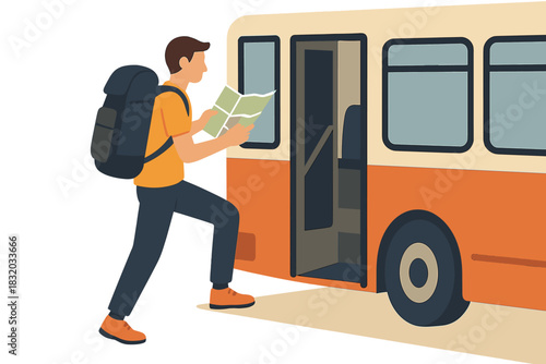 Person exploring map while boarding a city bus in a bright urban setting during a sunny day