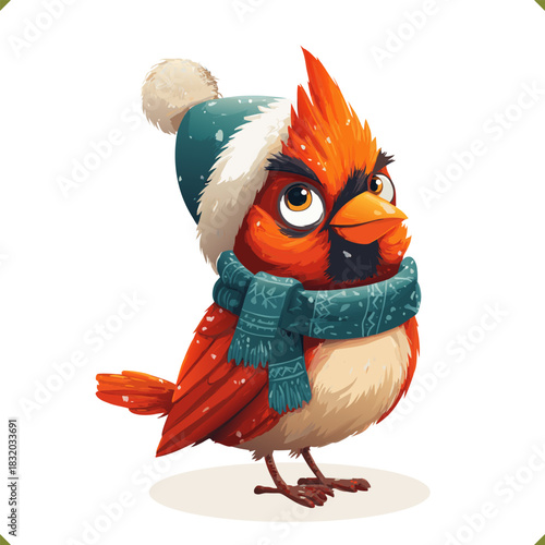 Vector illustration of winter cardinal bird wearing warm hat and scarf, isolated on a white background