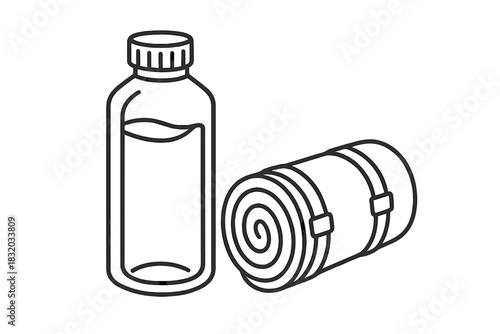 Essential camping gear including a water bottle and sleeping bag for outdoor adventures