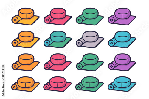 Colorful yoga mats arranged in a grid pattern, showcasing various hues and designs for wellness activities