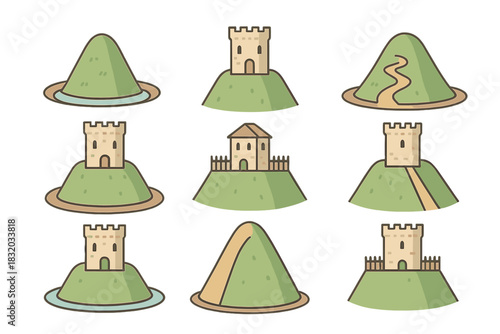 Different styles of castles situated on hills with pathways under a clear sky in a colorful cartoon design