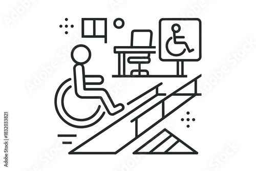 Accessibility features including a wheelchair ramp and accessible signage in a modern workspace designed for inclusivity