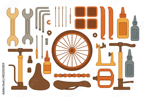 Bicycle repair tools and accessories arranged neatly on a flat surface ready for use