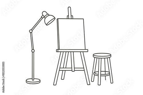 Creative art studio setup with easel, stool, and lamp for aspiring artists during daytime