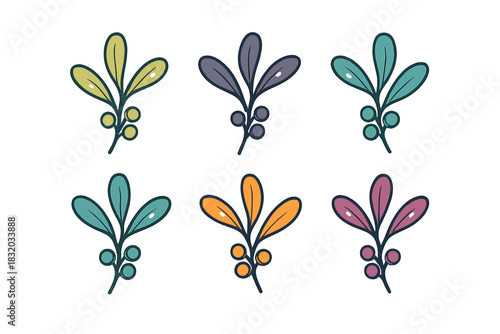 Colorful botanical illustrations of leaves and berries arranged in a grid pattern displaying vibrant hues