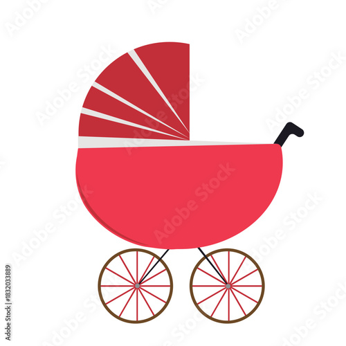 Flat Vector Red Retro Baby Stroller Pram Icon.