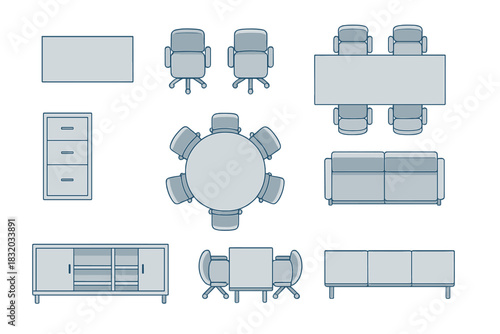 Office furniture layout featuring various seating and tables in a contemporary style for collaborative environments