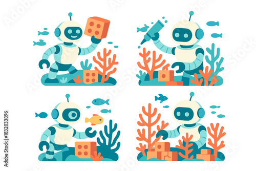 Robots exploring underwater world while playing with blocks and interacting with marine life in a colorful setting