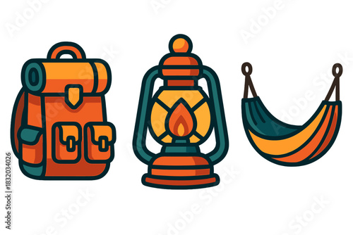 Essential camping gear including a backpack, lantern, and hammock for outdoor adventures