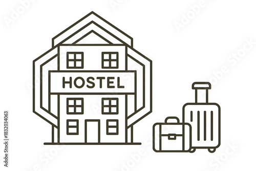 Hostel building with luggage symbolizing affordable travel and accommodation options for backpackers and tourists