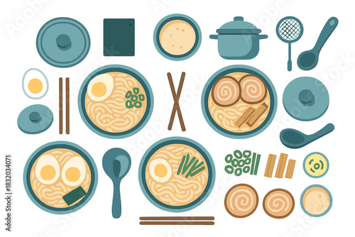 Delicious ramen meal setup with bowls, ingredients, and utensils ready for enjoyment at home