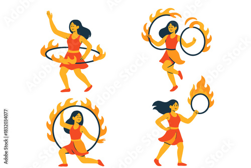 Fire performer showcases her skills with flaming hoops in a vibrant festival setting