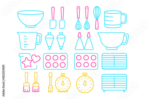 Colorful kitchen tools and utensils for baking and cooking displayed in a creative arrangement on a white background
