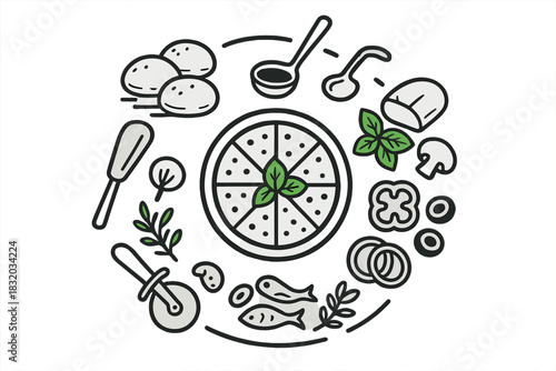 Various pizza toppings and tools for making delicious pizza at home