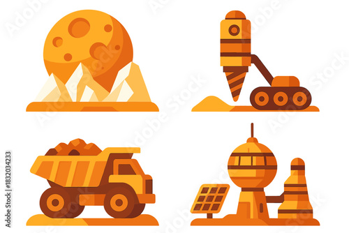 Colorful illustrations of lunar mining equipment and activities on the moon showcasing exploration and resource extraction efforts