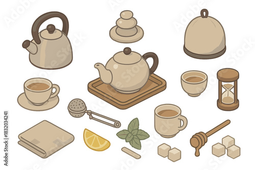 Various tea brewing items arranged on a wooden tray, including kettle, cups, and herbal ingredients