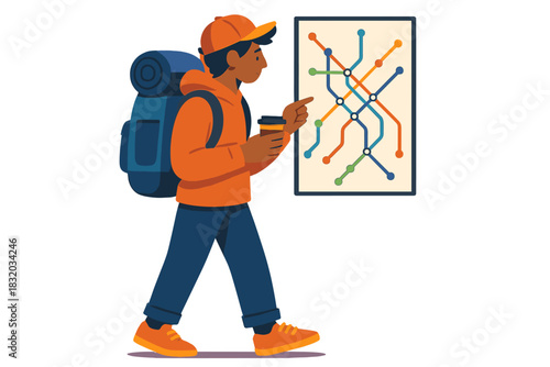 Young traveler examines subway map while holding coffee in a bustling urban area during daytime