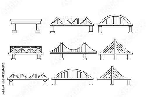 Different types of bridge designs displayed in a simple line art style showcasing structural variety and engineering creativity