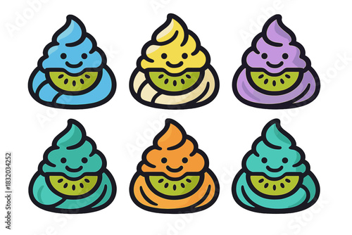 Colorful and cheerful soft serve ice cream cones decorated with smiling faces and fruit slices on a bright background