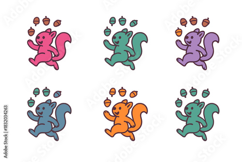 Colorful cartoon squirrels collecting acorns in a playful design