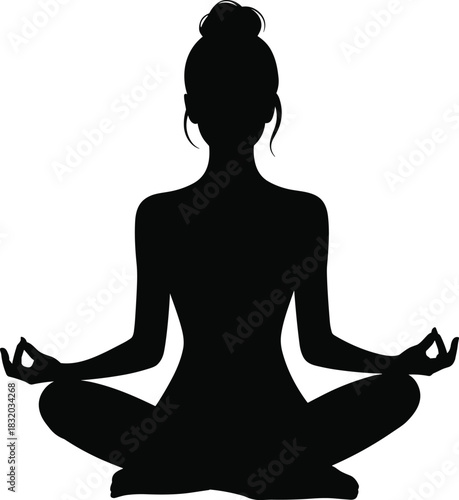 Meditation pose silhouette, lotus position icon, yoga graphic, mindfulness vector, calm posture, spiritual practice, black figure design