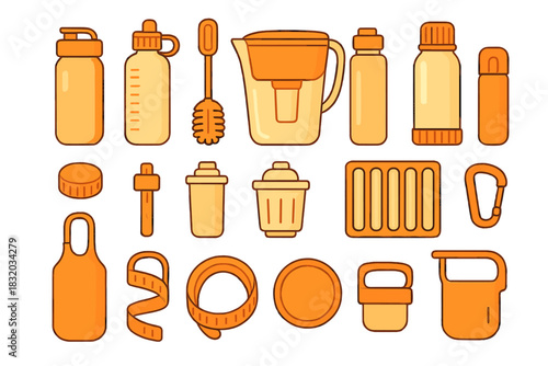 Various reusable containers, utensils, and accessories in shades of orange on a simple background