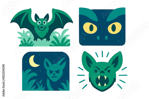 Unique bat and dragon illustrations show night creatures in playful artwork style, capturing their mysterious charm during twilight hours