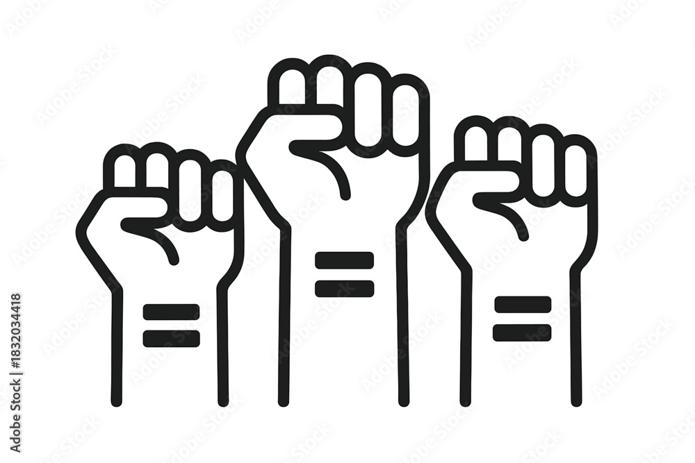 Obraz premium Three raised fists symbolize unity and strength in social movements emphasizing equality and justice during a protest rally