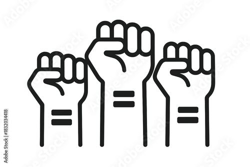 Three raised fists symbolize unity and strength in social movements emphasizing equality and justice during a protest rally