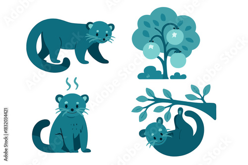 Cute and playful otters in various poses around a tree with green fruits
