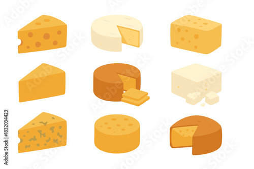 Variety of colorful cheese types displayed on a clean white background, showcasing different shapes and textures during a cheese tasting event