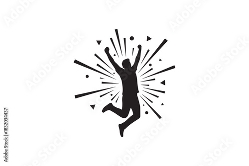 Happy Man Jumping In The Air With Confetti Explosion Silhouette Art