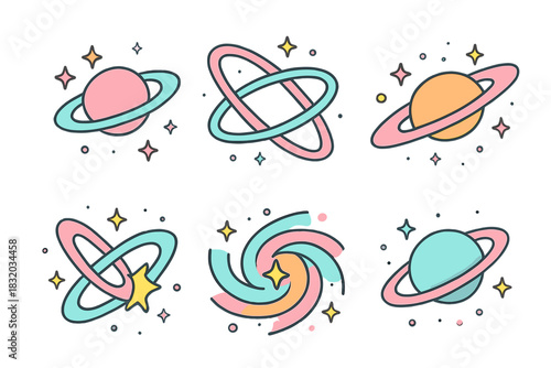 Colorful cartoon planets with rings and swirling designs showing a fun representation of outer space