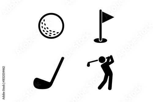 Golf elements including ball, flag, club, and player in simple graphic style