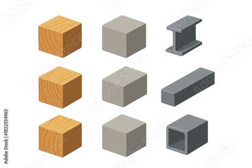 Various geometric shapes made of wood and concrete arranged neatly on a white background for design reference