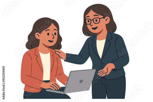 Two women collaborating on a laptop while engaged in a friendly discussion in a professional setting