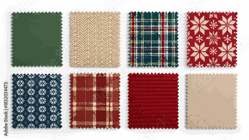 Christmas display of eight fabric swatches in various patterns and colors on a white surface